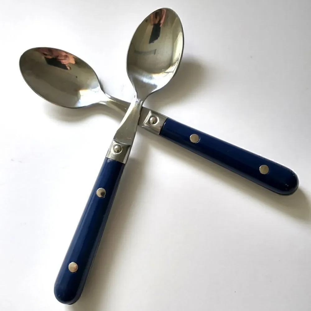 Vtg ANACAPA Teaspoon Set Pair Blue Handle Stainless Steel Retro Melamine Acrylic